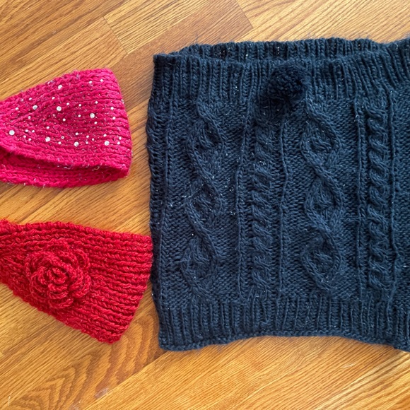 Knitted Head Bands & Scarf; Navy Blue, Pink & Red, Size: Universal - Picture 2 of 2
